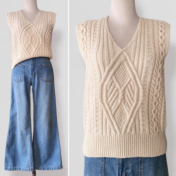 American Vintage Sweaters - Vtg 100% Aran Wool Heritage Sweater Vest Fisherman Cable Knit Made In Ireland